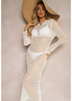 Biała Ażurowa Sukienka Narzutka z Długimi Rękawami Odemia ze sklepu Renee odzież w kategorii Sukienki - zdjęcie 172410689