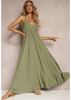 Zielona Rozkloszowana Sukienka Bawełniana z Wiązaniem na Szyi Panethea ze sklepu Renee odzież w kategorii Sukienki - zdjęcie 172410706