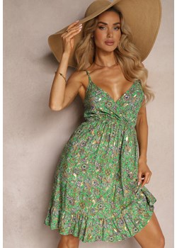 Zielona Sukienka z Wiskozy na Ramiączkach z Gumką w Talii i Dekoltem w Serek Dimika ze sklepu Renee odzież w kategorii Sukienki - zdjęcie 172414215