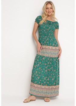 Zielona Wiskozowa Sukienka Typu Hiszpanka z Marszczonym Dekoltem Fisteria ze sklepu Born2be Odzież w kategorii Sukienki - zdjęcie 172414365