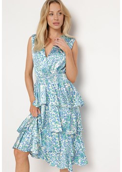 Niebieska  Sukienka z Kopertowym Dekoltem i Gumką w Pasie z Falbankami Dimolia ze sklepu Born2be Odzież w kategorii Sukienki - zdjęcie 172414486