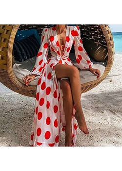 Damskie kimono plażowe w czerwone grochy - Biały / Uniwersalny ze sklepu Maybella.pl w kategorii Odzież plażowa - zdjęcie 172426608