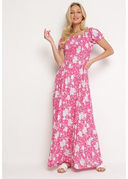 Różowa Rozkloszowana Sukienka w Kwiaty z Marszczonym Dekoltem Disteria ze sklepu Born2be Odzież w kategorii Sukienki - zdjęcie 172434945