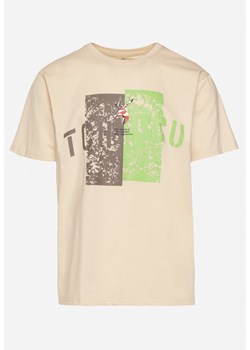 Beżowa Bawełniana Koszulka T-Shirt z Krótkim Rękawem i Ozdobnym Nadrukiem Branessa ze sklepu Born2be Odzież w kategorii T-shirty męskie - zdjęcie 172435036