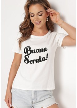 Biały Bawełniany T-shirt z Ozdobnym Napisem z Cyrkonii Tiavalia ze sklepu Born2be Odzież w kategorii Bluzki damskie - zdjęcie 172530825