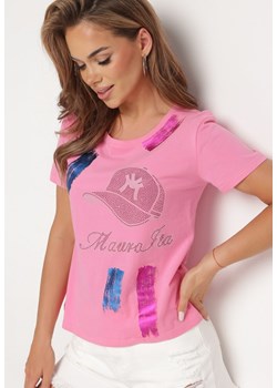 Różowy Bawełniany T-shirt z Krótkim Rękawem Ozdobiony Nadrukiem z Cyrkoniami Abilena ze sklepu Born2be Odzież w kategorii Bluzki damskie - zdjęcie 172530867