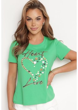 Zielony Bawełniany T-shirt Koszulka z Krótkim Rękawem z Nadrukiem i Cyrkoniami Harlina ze sklepu Born2be Odzież w kategorii Bluzki damskie - zdjęcie 172530888