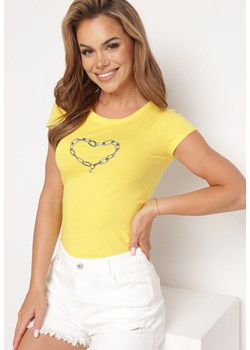 Żółty Bawełniany T-shirt Koszulka z Krótkim Rękawem Ozdobiona Nadrukiem Efira ze sklepu Born2be Odzież w kategorii Bluzki damskie - zdjęcie 172532169