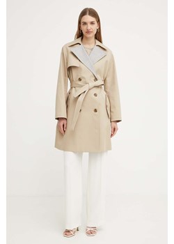 BOSS płaszcz bawełniany kolor beżowy przejściowy dwurzędowy 50518479 ze sklepu ANSWEAR.com w kategorii Płaszcze damskie - zdjęcie 172533757