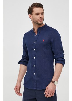 Polo Ralph Lauren koszula lniana 710801500004 męska kolor granatowy slim ze stójką ze sklepu ANSWEAR.com w kategorii Koszule męskie - zdjęcie 172534067