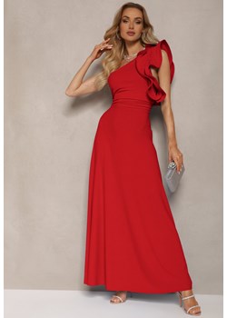 Czerwona Rozkloszowana Sukienka Asymetryczna z Dużymi Falbanami przy Ramionach Cevada ze sklepu Renee odzież w kategorii Sukienki - zdjęcie 172535136