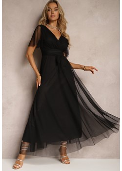Czarna Siateczkowa Sukienka z Kopertowym Dekoltem Wiązana w Talii Niblea ze sklepu Renee odzież w kategorii Sukienki - zdjęcie 172535277