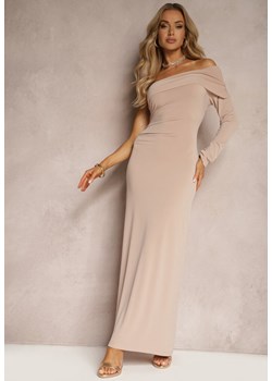 Ciemnobeżowa Sukienka Koktajlowa o Taliowanym Kroju na Jedno Ramię Xennesta ze sklepu Renee odzież w kategorii Sukienki - zdjęcie 172535307