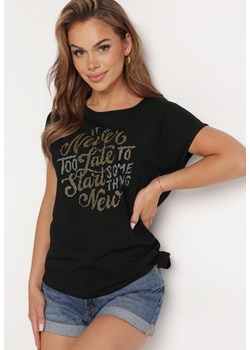 Czarny Bawełniany T-shirt z Motywem Cyrkonii i Asymetrycznym Wiązaniem Timaelin ze sklepu Born2be Odzież w kategorii Bluzki damskie - zdjęcie 172536218