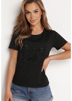 Czarny Bawełniany T-shirt z Ozdobnym Napisem z Cyrkonii Tiavalia ze sklepu Born2be Odzież w kategorii Bluzki damskie - zdjęcie 172536239