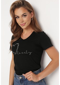 Czarny T-shirt z Bawełny Ozdobiony Cyrkoniami Jalita ze sklepu Born2be Odzież w kategorii Bluzki damskie - zdjęcie 172539775
