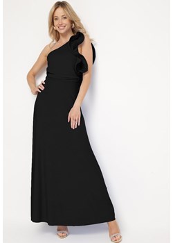 Czarna Asymetryczna Sukienka o Rozkloszowanym Fasonie z Ozdobnymi Falbankami przy Ramionach Virama ze sklepu Born2be Odzież w kategorii Sukienki - zdjęcie 172542505