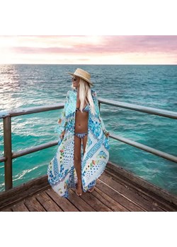 Długie kimono plażowe w kolorowe wzory - Niebieski / Uniwersalny ze sklepu Valetta.pl w kategorii Odzież plażowa - zdjęcie 172546999