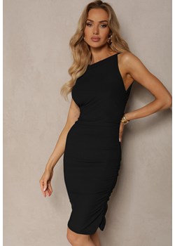 Czarna Sukienka z Prążkowanego Materiału z Marszczeniami Etola ze sklepu Renee odzież w kategorii Sukienki - zdjęcie 172576936