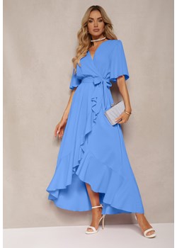 Niebieska Kopertowa Sukienka z Gumką w Pasie i Wiązaniem Ozdobiona Falbankami Ceteri ze sklepu Renee odzież w kategorii Sukienki - zdjęcie 172580559
