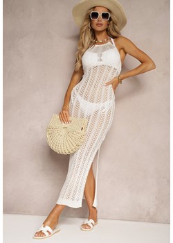 Biała Ażurowa Sukienka Bodycon z Rozcięciami i Wiązaniem na Plecach Jonalia ze sklepu Renee odzież w kategorii Odzież plażowa - zdjęcie 172585248