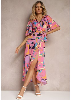 Różowa Kopertowa Sukienka z Trójkątnym Dekoltem i Materiałowym Paskiem w Talii Minolia ze sklepu Renee odzież w kategorii Sukienki - zdjęcie 172585398