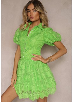 Zielona Sukienka Midi z Bufiastymi Rękawami i Guzikami Ozdobiona Kwiatową Koronką Eia ze sklepu Renee odzież w kategorii Sukienki - zdjęcie 172585489