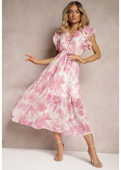Różowa Sukienka z Kopertowym Dekoltem z Gumką w Pasie i Paskiem w Talii z Falbankami Dimrine ze sklepu Renee odzież w kategorii Sukienki - zdjęcie 172585499