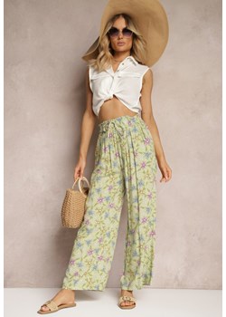 Jasnozielone Szerokie Spodnie z Bawełny z Gumką w Talii Axnalia ze sklepu Renee odzież w kategorii Spodnie damskie - zdjęcie 172585579