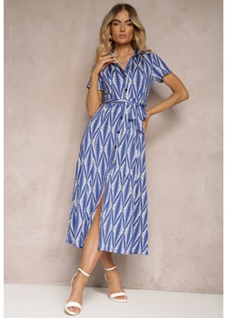 Niebieska Koszulowa Sukienka z Materiałowym Paskiem i Guzikami z Geometrycznym Printem Usklea ze sklepu Renee odzież w kategorii Sukienki - zdjęcie 172585669