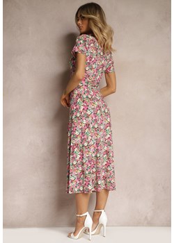 Różowo-Zielona Rozkloszowana Sukienka z Wiskozą Zapinana na Guziki Ozdobiona Paskiem Dimica ze sklepu Renee odzież w kategorii Sukienki - zdjęcie 172585676