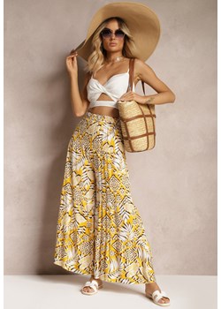Żółte Szerokie Spodnie z Wiskozy z Gumką w Talii i Falbanką Klavalia ze sklepu Renee odzież w kategorii Spodnie damskie - zdjęcie 172585739