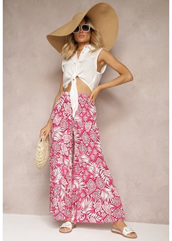 Różowe Szerokie Spodnie z Wiskozy z Gumką w Talii i Falbanką Klavalia ze sklepu Renee odzież w kategorii Spodnie damskie - zdjęcie 172585749