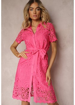 Fuksjowa Koszulowa Sukienka Midi z Ażurowym Zdobieniem Tatrasi ze sklepu Renee odzież w kategorii Sukienki - zdjęcie 172585759