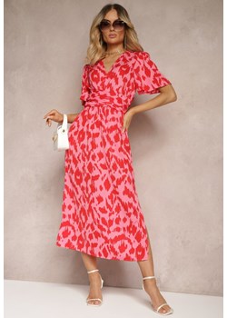 Czerwono-Różowa Sukienka z Kopertowym Dekoltem i Ozdobnymi Wycięciami z Gumką w Pasie i Paskiem Bonlea ze sklepu Renee odzież w kategorii Sukienki - zdjęcie 172585927