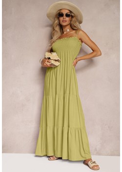 Jasnozielona Rozkloszowana Sukienka na Ramiączkach z Gumką w Talii i Marszczoną Górą Tiamora ze sklepu Renee odzież w kategorii Sukienki - zdjęcie 172585957