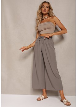 Szare Spodnie High Waist z Szerokimi Nogawkami z Wiskozą Wykończone Gumką w Talii Crisantas ze sklepu Renee odzież w kategorii Spodnie damskie - zdjęcie 172586047