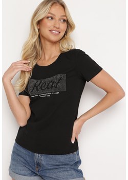 Czarny Bawełniany T-shirt Koszulka z Krótkim Rękawem Ozdobiona Nadrukiem i Cyrkoniami Quana ze sklepu Born2be Odzież w kategorii Bluzki damskie - zdjęcie 172586219