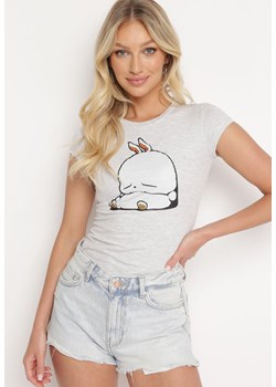 Jasnoszary Bawełniany T-shirt z Ozdobnym Nadrukiem Ianestra ze sklepu Born2be Odzież w kategorii Bluzki damskie - zdjęcie 172586247