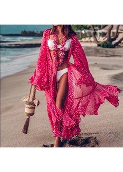 Długie kimono plażowe w kropki z falbankami - Różowy / Uniwersalny ze sklepu Maybella.pl w kategorii Odzież plażowa - zdjęcie 172588988