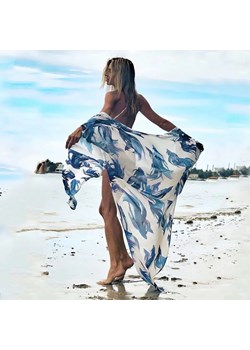 Letnie kimono plażowe w niebieskie wzory - Biały / Uniwersalny ze sklepu Maybella.pl w kategorii Odzież plażowa - zdjęcie 172589766