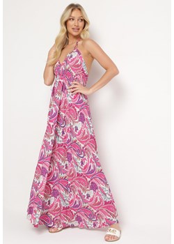 Różowa Wiskozowa Sukienka z Wiązaniem na Szyi Ściągana pod Biustem Viseri ze sklepu Born2be Odzież w kategorii Sukienki - zdjęcie 172601026