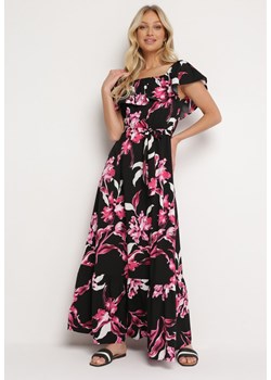 Czarno-Różowa Sukienka w Kwiaty Typu Hiszpanka z Gumką w Pasie i Materiałowym Paskiem Overi ze sklepu Born2be Odzież w kategorii Sukienki - zdjęcie 172601075