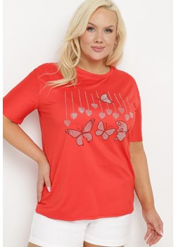 Czerwony T-shirt z Ozdobnym Nadrukiem i Cyrkoniami Moariss ze sklepu Born2be Odzież w kategorii Bluzki damskie - zdjęcie 172610886