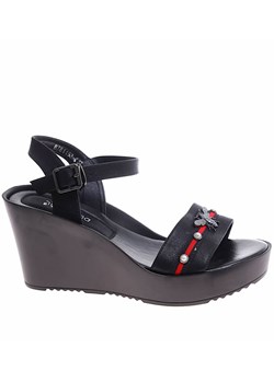 Czarne damskie sandały na koturnie i platformie /E6-2 16295 T293/ ze sklepu Pantofelek24.pl w kategorii Sandały damskie - zdjęcie 172613759