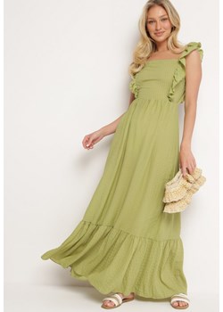 Zielona Sukienka na Ramiączkach z Falbankami i Gumką w Talii z Wiązaniem na Plecach Tiolla ze sklepu Born2be Odzież w kategorii Sukienki - zdjęcie 172625296