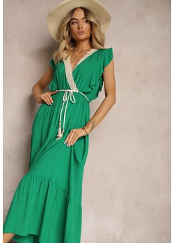 Zielona Bawełniana Sukienka z Wiskozą z Kopertowym Dekoltem z Gumką i Sznurkiem w Pasie Terin ze sklepu Renee odzież w kategorii Sukienki - zdjęcie 172630815