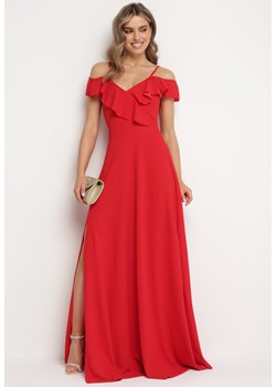 Czerwona Koktajlowa Sukienka na Ramiączkach z Falbankami i Rozcięciem Waterlily ze sklepu Born2be Odzież w kategorii Sukienki - zdjęcie 172634717