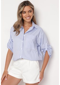 Niebieska Koszula z Bawełny o Klasycznym Fasonie w Paski Belonia ze sklepu Born2be Odzież w kategorii Koszule damskie - zdjęcie 172634945