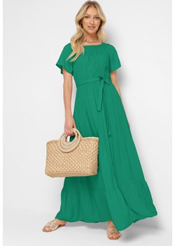 Zielona Sukienka Typu Hiszpanka z Gumką w Talii i Materiałowym Paskiem Tiamarae ze sklepu Born2be Odzież w kategorii Sukienki - zdjęcie 172635777